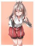  1girl absurdres brown_eyes feet_out_of_frame grey_hair hachimaki hakama hakama_shorts headband high_ponytail highres japanese_clothes kamaboko_senshi kantai_collection leaning_forward long_hair looking_at_viewer red_shorts shorts solo standing thigh_gap wide_sleeves zuihou_(kancolle) 