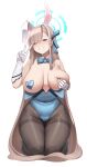  1girl absurdres animal_ears asuna_(blue_archive) asuna_(bunny)_(blue_archive) blonde_hair blue_archive blue_bow blue_bowtie blue_eyes blue_leotard blue_ribbon blush bow bowtie breasts breasts_apart covered_navel curvy detached_sleeves elbow_gloves fake_animal_ears full_body gloves grabbing_own_breast grin hair_ribbon hairband halo heart heart-shaped_pupils highres kneeling large_breasts leotard leotard_pull long_hair mole mole_on_breast mung_(larnec) pantyhose playboy_bunny rabbit_ears ribbon simple_background smile solo symbol-shaped_pupils thighband_pantyhose v very_long_hair white_background white_gloves white_hairband 