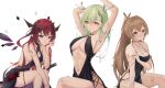  3girls absurdres armpits arms_up bangs black_dress blue_eyes braid branch breasts brown_eyes brown_hair ceres_fauna chain chyraliss cleavage collarbone covered_navel dress feathers flower gold gold_chain green_hair hetero highres hololive hololive_english horns irys_(hololive) large_breasts leaf long_hair looking_at_viewer multicolored_hair multiple_girls nanashi_mumei navel pink_eyes ponytail red_hair sideboob sitting thighs very_long_hair wavy_hair white_background wings yellow_eyes 