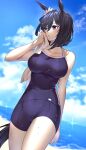  1girl animal_ears black_hair blue_one-piece_swimsuit blue_sky blurry blurry_background breasts cloud collarbone day eishin_flash_(umamusume) hair_between_eyes highres horse_ears horse_girl horse_tail iwashi_111 large_breasts looking_to_the_side ocean one-piece_swimsuit outdoors revision short_hair sky solo swimsuit tail tracen_swimsuit umamusume wet wet_hair 