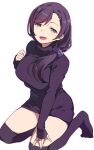  1girl black_sweater black_thighhighs duke_(inu_daimyou) green_eyes hair_ornament hair_scrunchie kneeling long_hair long_sleeves looking_at_viewer love_live! love_live!_school_idol_project open_mouth purple_hair purple_scrunchie scrunchie simple_background smile solo sweater thighhighs thighs toujou_nozomi white_background 