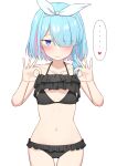  ... 1girl akahi242 arona_(blue_archive) bare_shoulders bikini black_bikini blue_archive blue_eyes blue_hair blush closed_mouth collarbone frilled_bikini frills hair_over_one_eye hair_ribbon hairband hands_up heart highres lifted_by_self multicolored_hair navel ribbon simple_background solo speech_bubble spoken_ellipsis spoken_heart string_bikini swimsuit thigh_gap white_background 
