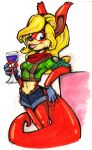  accessory anthro blonde_hair blue_eyes bottomwear clothing container cup female fingerless_gloves fur glass glass_container glass_cup gloves hair hair_accessory hairband handwear hi_res jak_and_daxter laurajaneart mammal mustelid naughty_dog orange_body orange_fur ottsel shorts simple_background smile smiling_at_viewer solo sony_corporation sony_interactive_entertainment tess_(jak_and_daxter) traditional_media_(artwork) video_games white_background 