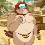  anthro beach belly blush brown_body brown_fur bulge clothing embarrassed felid fur hat headgear headwear hi_res lifewonders lion lucknomz male mammal navel nipples pantherine pecs seaside solo speedo swimwear tokyo_afterschool_summoners vapula_(tas) video_games visor_cap yellow_eyes 