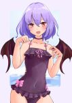  1girl absurdres alternate_costume bat_wings blush bow casual_one-piece_swimsuit choker covered_navel cowboy_shot flat_chest frilled_swimsuit frills highres light_purple_hair lykesya no_headwear one-piece_swimsuit open_mouth paw_pose pink_bow red_eyes remilia_scarlet short_hair solo swimsuit touhou wings 
