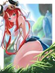  1girl absurdres ass bangs bare_legs bare_shoulders blurry blurry_background blush border breasts closed_mouth crop_top detached_sleeves dutch_angle forehead_jewel genshin_impact grass green_eyes higashigure highres horns long_hair looking_at_viewer medium_breasts nilou_(genshin_impact) parted_bangs red_hair see-through see-through_sleeves solo thighs twintails underboob veil white_border white_headdress 
