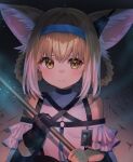  1girl animal_ear_fluff animal_ears arknights bangs bare_shoulders black_gloves blonde_hair blue_hairband braid brown_eyes closed_mouth commentary_request fox_ears gloves hair_between_eyes hair_rings hairband hands_up highres holding looking_at_viewer multicolored_hair no.054_(adar5857) shirt solo suzuran_(arknights) twin_braids two-tone_hair white_hair white_shirt 