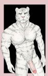  abs absurd_res anthro bedroom_eyes big_penis blue_eyes bodily_fluids felid fur genital_fluids genitals hi_res humanoid looking_at_viewer male mammal muscular muscular_male narrowed_eyes nipples pantherine pecs penis pink_nipples pink_penis precum presenting seductive solo striped_body stripes thick_thighs tiger white_body white_fur 