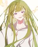  1other :d androgynous bangs chain commentary_request enkidu_(fate) fate/grand_order fate_(series) green_hair grey_background highres kingu_(fate) long_hair long_sleeves looking_at_viewer nonno_phi open_mouth purple_eyes robe simple_background smile solo upper_body very_long_hair white_robe 