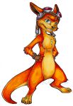  blue_eyes chest_tuft clothing daxter feral fingerless_gloves fur gloves goggles_on_headwear handwear hybrid_alchemist jak_and_daxter male mammal mustelid naughty_dog orange_body orange_fur ottsel paws pose simple_background smile solo sony_corporation sony_interactive_entertainment traditional_media_(artwork) tuft video_games white_background 