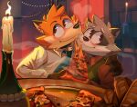  2022 aiden_harris anthro blush canid canine closet_coon clothing colin_young detailed_background duo embrace food fox hi_res hug male mammal necktie night pizza procyonid raccoon shirt srfennec topwear 