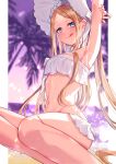  1girl abigail_williams_(fate) abigail_williams_(swimsuit_foreigner)_(fate) abigail_williams_(swimsuit_foreigner)_(third_ascension)_(fate) akirannu armpits arms_behind_head arms_up backlighting bangs bare_shoulders bikini blonde_hair blue_eyes blush bonnet bow breasts commentary_request fate/grand_order fate_(series) forehead hair_bow highres licking_lips long_hair looking_at_viewer miniskirt navel palm_tree parted_bangs purple_sky sidelocks sitting skirt small_breasts smile solo swimsuit thighs tongue tongue_out tree twilight twintails very_long_hair wariza white_bikini white_bow white_headwear 