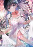  1girl absurdres bangs black_hair blue_eyes blush bra breasts closed_mouth clothes_lift collarbone commentary_request dress dress_lift fireworks floral_print highres lace-trimmed_bra lace-trimmed_panties lace_trim ladder large_breasts lighthouse long_hair looking_at_viewer navel night ogata_tei original panties partially_submerged pink_bra pink_panties print_bra print_panties see-through smile unbuttoned underwear wading wet wet_clothes wet_dress white_dress 