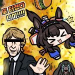  &gt;_&lt; 1boy 1girl animal_ears black_hairband black_necktie brown_hair burger censored chibi commentary crying ear_ornament explosion food formal gorilla grace_(kor)_(racehorse) grin guardian_tales hair_ribbon hairband horse_ears horse_girl horse_tail identity_censor jazz_jack korean_commentary korean_text long_hair lowres meme michael_bay necktie original personification real_life ribbon short_hair sidelocks smile streaming_tears suit tail tears tongue tongue_out translated tress_ribbon umamusume upper_body 