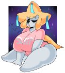  big_breasts bottomless breasts clothed clothing english_text female generation_3_pokemon hi_res huge_breasts huge_thighs humanoid jirachi legendary_pokemon lewd_dorky looking_at_viewer nintendo one_eye_closed open_mouth pokemon pokemon_(species) shirt sitting solo text text_on_clothing text_on_shirt text_on_topwear thick_thighs topwear video_games white_body 