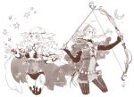  2girls ahoge arrow_(projectile) bangs black_bridal_gauntlets bow_(weapon) buttons choker fire_emblem fire_emblem_fates hairband harness holding holding_arrow holding_bow_(weapon) holding_weapon insarability looking_to_the_side low_twintails monochrome multiple_girls nina_(fire_emblem) o-ring ophelia_(fire_emblem) parted_bangs turtleneck twintails upper_body weapon 