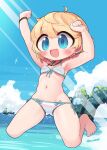  1girl :d armpits arms_up bangs bare_arms bare_legs bare_shoulders barefoot bikini blonde_hair blue_eyes blue_sky blush breasts cloud collarbone commentary_request commission day front-tie_bikini_top front-tie_top full_body hair_between_eyes highres horizon nanatsuta navel ocean original outdoors side-tie_bikini_bottom skeb_commission sky small_breasts smile solo striped striped_bikini swimsuit twitter_username water 