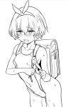  1girl aiuti backpack bag blush breasts collarbone commentary_request competition_swimsuit crime_prevention_buzzer embarrassed hairband highleg highleg_swimsuit lineart monochrome nose_blush one-piece_swimsuit original randoseru short_hair small_breasts solo standing sweat sweating_profusely swimsuit 