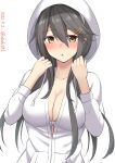  1girl akahi242 blush breasts brown_eyes cleavage dated grey_hair hair_between_eyes hair_ornament hairband hairclip haruna_(kancolle) highres hood hooded_sweater kantai_collection large_breasts looking_at_viewer one-hour_drawing_challenge simple_background solo sweater twitter_username upper_body white_background white_hairband white_sweater 