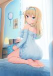  1girl ass bachibachi_(tisen) back bangs barefoot bed_sheet blonde_hair blue_eyes blue_sweater breasts clock closed_mouth curtains dress feet girls&#039;_frontline hair_ornament hairband highres indoors lamp large_breasts long_hair looking_at_viewer on_bed picture_frame ribbed_sweater shelf simple_background sitting smile soles star_(symbol) star_hair_ornament suomi_(girls&#039;_frontline) sweater sweater_dress toes wall_clock wariza 