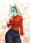  2022 absurd_res accessory anthro belt big_breasts blue_eyes bottomwear bracelet breasts clothing dress_shirt female hair hand_on_breast headband hi_res ippan_josei jewelry multicolored_body my_hero_academia open_mouth pants red_dress_shirt shirt solo topwear toyoshima_(artist) two_tone_body unknown_species white_hair 
