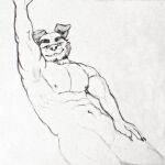  1:1 5_fingers abs anthro beard biceps bulge canid canine canis collarbone domestic_dog ears_down eyebrows facial_hair fingers floppy_ears hand_on_hip hand_on_leg hi_res invalid_tag looking_at_viewer looking_down_at_viewer low-angle_view male mammal muscular muscular_anthro muscular_male nails narrowed_eyes navel pecs pivoted_ears raised_arm ribs simple_background sketch smile solo tangerin4yon teeth thick_eyebrows traditional_media_(artwork) white_background 