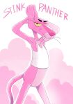  2022 anthro anti_dev clothing english_text felid fur half-closed_eyes hands_behind_head hi_res looking_at_viewer male mammal narrowed_eyes pantherine pink_body pink_fur pink_panther pink_panther_(series) raised_arms shirt smile solo standing tank_top text topwear whiskers yellow_sclera 