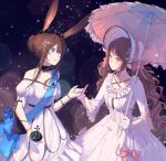  2girls absurdres ambience_synesthesia amiya_(arknights) animal_ears arknights bangs bare_shoulders blue_bow blue_eyes bonnet bow brown_hair closed_mouth commentary_request crown dress eye_contact eyjafjalla_(arknights) gloves hair_between_eyes hair_bun highres holding holding_hands holding_umbrella lingnian long_hair looking_at_another multiple_girls off-shoulder_dress off_shoulder official_alternate_costume parted_lips pink_bow pink_umbrella procreate_(medium) puffy_short_sleeves puffy_sleeves rabbit_ears short_sleeves sidelocks signature smile striped striped_bow umbrella very_long_hair wavy_hair white_dress white_gloves white_headwear wide_sleeves 