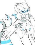  anthro blue_eyes breasts eyewear female fluffy fluffy_tail generation_5_pokemon glasses legendary_pokemon looking_at_viewer navel nintendo nipples open_mouth pokemon pokemon_(species) pokemorph reshiram riley_(sweaterbrat) simple_background solo sweaterbrat video_games white_background white_body 