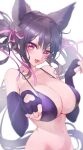  1girl animal_ears annie_(destiny_child) bare_shoulders bikini black_hair blush breasts destiny_child fingerless_gloves gloves highres large_breasts navel red_lips ribbon smile swimsuit twintails wolf_ears yurika48597221 