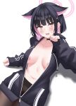  1girl absurdres animal_ears areola_slip bangs black_choker black_hair black_jacket blue_archive blush breasts breasts_apart choker colored_inner_hair fang female_pubic_hair hair_ornament hairclip halo highres hood hooded_jacket jacket kazusa_(blue_archive) long_sleeves looking_at_viewer medium_breasts multicolored_hair navel otakummm pantyhose partially_unzipped pink_hair pubic_hair red_eyes short_hair solo sweat two-tone_hair white_background 