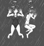 2girls absurdres air_bubble annie_(skullgirls) asphyxiation breasts bubble drowning eyepatch flat_chest highres looking_at_viewer markustercero monochrome multiple_girls one-piece_swimsuit parasoul_(skullgirls) skullgirls swimsuit thighs underwater 