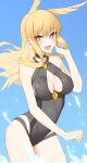  1girl absurdres bangs bare_shoulders black_one-piece_swimsuit blonde_hair blush breasts cleavage cleavage_cutout clothing_cutout fate/grand_order fate_(series) head_wings highleg highleg_swimsuit highres kopaka_(karda_nui) large_breasts long_hair looking_at_viewer one-piece_swimsuit open_mouth red_eyes sidelocks smile solo swimsuit thighs thrud_(fate) thrud_(swimsuit_assassin)_(fate) valkyrie_(fate) 