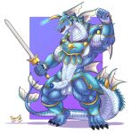  aquatic_dragon armor balls biceps blue_body blue_scales dragon duel_monster fin genitals gladiator_beast gladiator_beast_vespasius green_eyes headgear helmet hi_res holding_object holding_sword holding_weapon konami male marine melee_weapon mostly_nude muscular ougon penis quads scales simple_background solo sword tail_spines weapon white_body white_scales yu-gi-oh! 