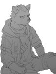  2020 absurd_res anthro arknights clothed clothing collar half-closed_eyes hi_res hyaenid hypergryph kenjilokung looking_at_viewer male mammal monochrome narrowed_eyes sketch solo spot_(arknights) spotted_hyena studio_montagne video_games 