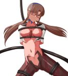  1girl arms_behind_back ass_visible_through_thighs bdsm blue_eyes bodysuit bondage bound breasts brown_hair cameltoe covered_navel embarrassed evangelion:_3.0_you_can_(not)_redo glasses hairband highres long_hair looking_at_viewer makinami_mari_illustrious medium_breasts neon_genesis_evangelion pink_bodysuit plugsuit popo_agaga rebuild_of_evangelion red-framed_eyewear solo thighs twintails 