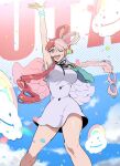  1girl :d black_ribbon character_name cloud commentary_request dress eyelashes happy headphones highres long_hair looking_at_viewer multicolored_hair one_piece one_piece:_film_red open_mouth pink_eyes red_hair ribbon sky smile solo standing sweat two-tone_hair uta_(one_piece) white_hair wings wrist_cuffs yasutada43 