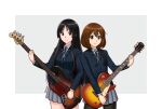  2girls akiyama_mio artist_name bangs bass_guitar black_eyes black_hair black_pantyhose blazer blue_jacket blue_ribbon brown_eyes brown_hair buttons closed_mouth collared_shirt commentary_request electric_guitar grey_skirt guitar hair_ornament hairclip hirasawa_yui holding holding_instrument instrument jacket k-on! long_hair long_sleeves looking_at_viewer morynocle multiple_girls neck_ribbon pantyhose pleated_skirt ribbon sakuragaoka_high_school_uniform school_uniform shirt short_hair sidelocks skirt smile twitter_username watermark white_shirt 