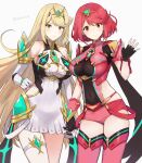  bangs bare_legs bare_shoulders black_gloves blonde_hair breasts chest_jewel cleavage cleavage_cutout clothing_cutout donbee937 dress earrings elbow_gloves fingerless_gloves gloves highres jewelry large_breasts long_hair mythra_(xenoblade) pyra_(xenoblade) red_eyes red_hair red_shorts short_dress short_hair short_shorts shorts swept_bangs thigh_strap thighhighs tiara very_long_hair white_dress white_gloves xenoblade_chronicles_(series) xenoblade_chronicles_2 yellow_eyes 