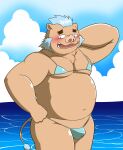  2022 anthro belly big_belly bikini blush clothed clothing cloud crossdressing gouryou hi_res kemono koppepan39 lifewonders male mammal moobs outside overweight overweight_male solo suid suina sus_(pig) swimwear tokyo_afterschool_summoners video_games water wild_boar 