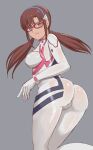  1girl ass bangs blue_eyes bodysuit breasts brown_hair commentary embarrassed evangelion:_3.0+1.0_thrice_upon_a_time glasses hairband highres long_hair looking_at_viewer makinami_mari_illustrious medium_breasts neon_genesis_evangelion plugsuit popo_agaga rebuild_of_evangelion red-framed_eyewear solo twintails white_bodysuit 