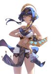  1girl absurdres bangs bare_arms bare_shoulders black_hairband blue_eyes blue_hair brooch candace_(genshin_impact) card closed_mouth cowboy_shot cqc_no_hashi_neko crop_top dark-skinned_female dark_skin duel_disk egyptian_clothes eye_of_horus gem genshin_impact hair_intakes hair_ornament hair_over_shoulder hairband heterochromia highres holding holding_card horns jewelry looking_at_viewer neck_ring pelvic_curtain purple_gemstone shield shirt short_hair_with_long_locks sidelocks simple_background single_horn sleeveless sleeveless_shirt smug solo standing thighs twintails white_background yellow_eyes yu-gi-oh! 