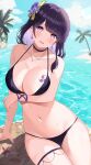  1girl absurdres arm_under_breasts beach bikini blue_sky breast_tattoo breasts choker cleavage day earrings genshin_impact hair_ornament happy highres jewelry large_breasts looking_at_viewer mole mole_under_eye navel necklace outdoors palm_tree purple_bikini purple_eyes purple_hair raiden_shogun rererere_mon sky solo starfish sunlight swimsuit tattoo thigh_strap thighs tree wristlet 