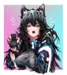  1girl absurdres ambience_synesthesia animal_ear_fluff animal_ears arknights black_gloves black_hair black_jacket black_shirt blue_background blush breasts claw_pose cropped_torso fangs gloves gradient gradient_background highres jacket large_breasts long_hair long_sleeves looking_at_viewer official_alternate_costume open_clothes open_jacket open_mouth partially_fingerless_gloves purple_background shirt solo texas_(arknights) upper_body wolf_ears yellow_eyes yuukiey 