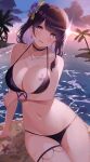  1girl absurdres arm_under_breasts beach bikini breast_tattoo breasts choker cleavage earrings genshin_impact hair_ornament happy highres jewelry large_breasts looking_at_viewer mole mole_under_eye navel necklace outdoors palm_tree purple_bikini purple_eyes purple_hair raiden_shogun rererere_mon solo starfish sunset swimsuit tattoo thigh_strap thighs tree wristlet 