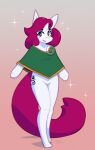  2022 alternate_species anthro bottomless clothed clothing cutie_mark digital_media_(artwork) equid equine female genitals green_clothing hair horn mammal mewmus my_little_pony pink_hair pussy rose_pantilion simple_background smile solo sparkles standing unicorn 