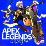  1girl apex_legends armor blue_background bodysuit boots breastplate chromatic_aberration copyright_name firing floating grey_hair highres jetpack kaji_kento looking_at_viewer metal_boots missile missile_pod one_eye_closed open_mouth orange_bodysuit orange_eyes short_hair smile solo thigh_boots valkyrie_(apex_legends) 