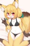  2022 anthro bikini blonde_hair blush breasts brown_body brown_fur canid canine clothed clothing cute_fangs dipstick_ears dipstick_tail female female_anthro fluffy fox fox_shadow_puppet fur gesture hair hi_res horokusa0519 inner_ear_fluff kemono looking_at_viewer mammal markings multicolored_ears navel red_eyes sitting small_breasts solo swimwear tail_markings tuft wariza white_body white_fur yellow_body yellow_fur 