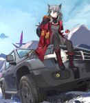  1girl absurdres animal_ears apple arknights bangs car commentary_request eating food fruit fur_trim grey_hair grey_pants ground_vehicle highres holding holding_food holding_fruit hood hooded_jacket jacket long_hair long_sleeves motor_vehicle on_vehicle open_clothes open_jacket outdoors pants projekt_red_(arknights) red_jacket sitting solo sports_utility_vehicle tail tianyu_jifeng vehicle_request wolf_ears wolf_girl wolf_tail 