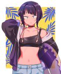  1girl arm_behind_head audio_jack bangs bare_shoulders bikini bikini_top_only black_bikini black_eyes boku_no_hero_academia breasts choker closed_mouth collarbone cowboy_shot denim denim_shorts diagonal_bangs hand_on_hip highres hood hoodie jirou_kyouka light_frown long_earlobes looking_at_viewer midriff navel nns146 open_clothes open_hoodie sanpaku short_hair short_shorts shorts sidelocks small_breasts solo straight-on swimsuit 